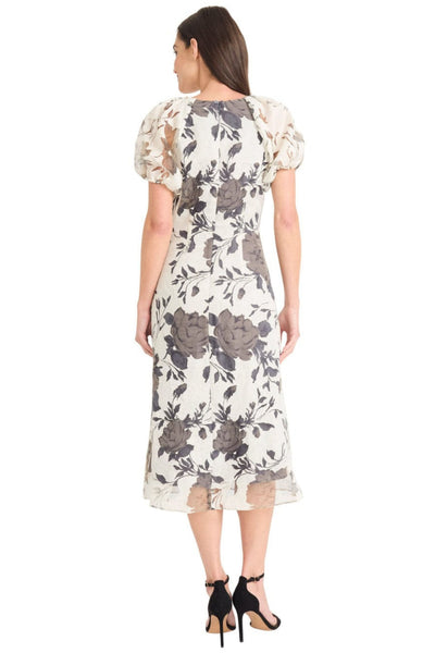 Grey Ivory Floral Puff Sleeve Gray Ivory Floral Print Organza Midi Dress by Maggy London G6387M