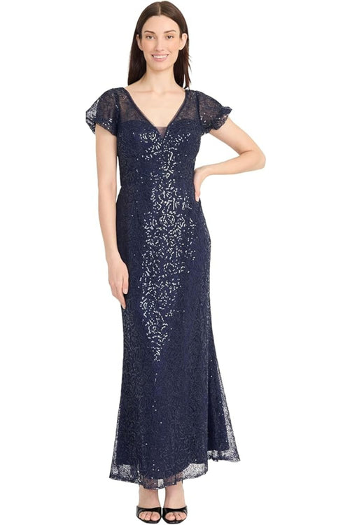Sequin Full Length Navy Blazer Eclipse Lace Evening Dress by Maggy London G6402M