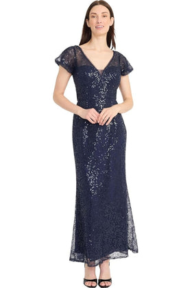 Maggy London G6402M Sequin Full Length Navy Blazer Eclipse Lace Evening Dress