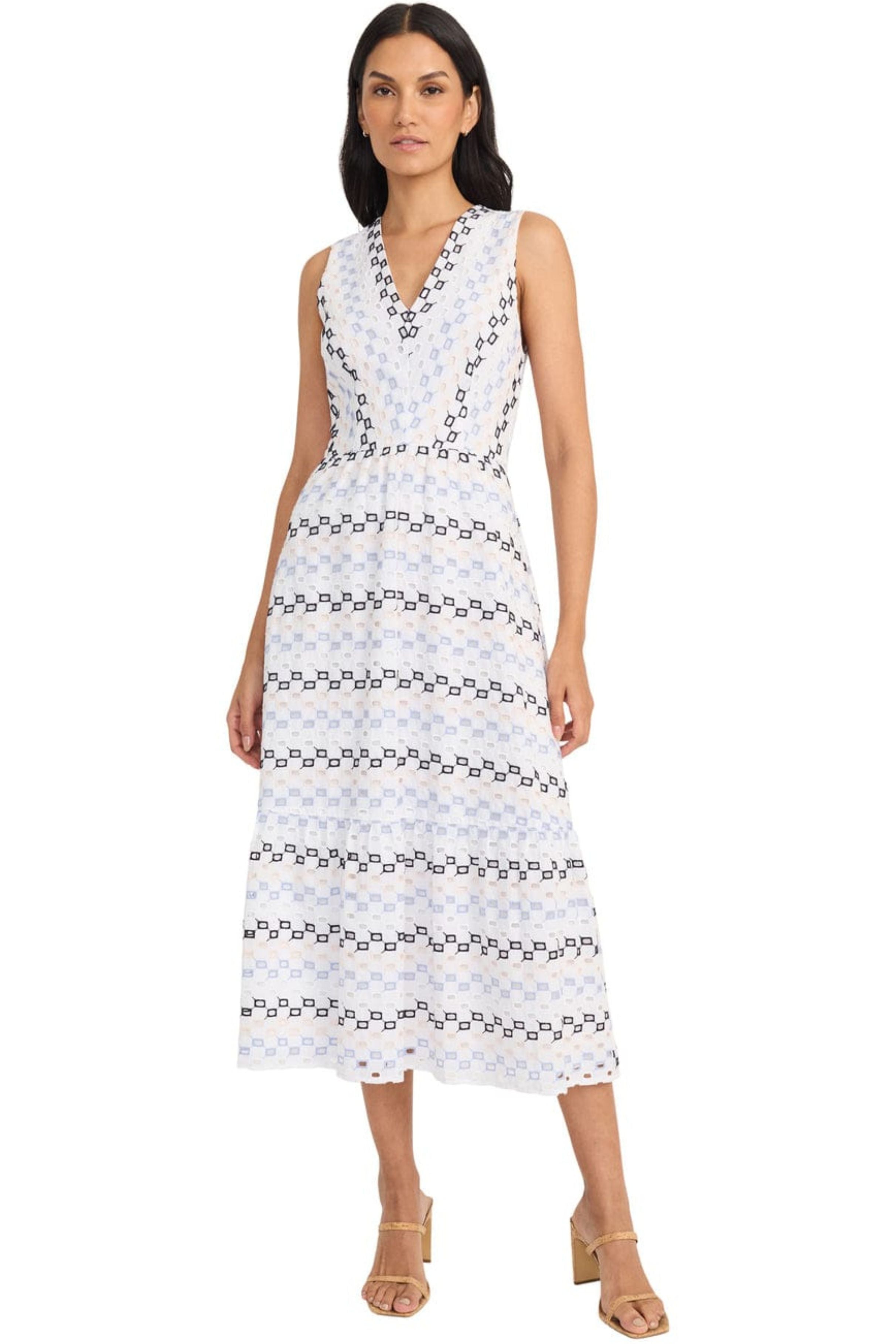 Geometric Eyelet White Blue Black Midi Dress by Maggy London G6421M