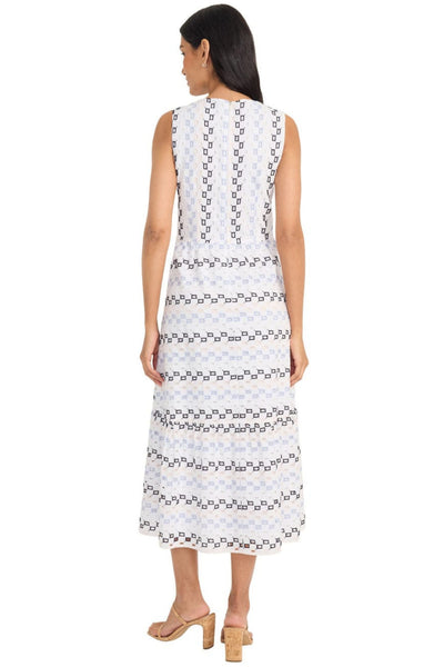 Geometric Eyelet White Blue Black Midi Dress by Maggy London G6421M