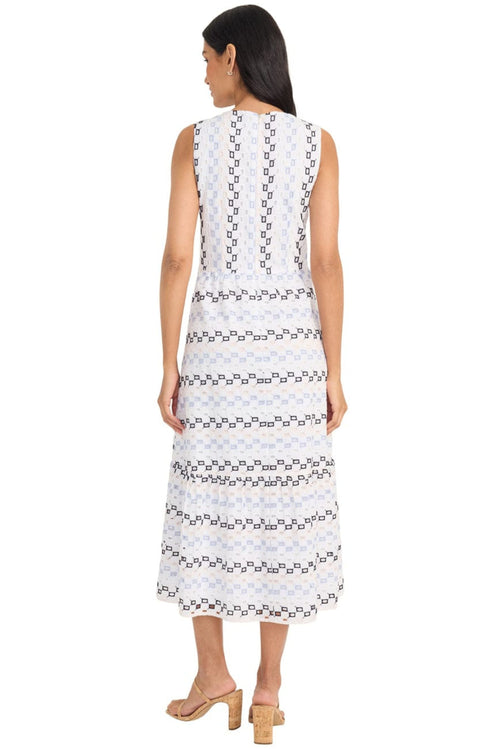 Geometric Eyelet White Blue Black Midi Dress by Maggy London G6421M