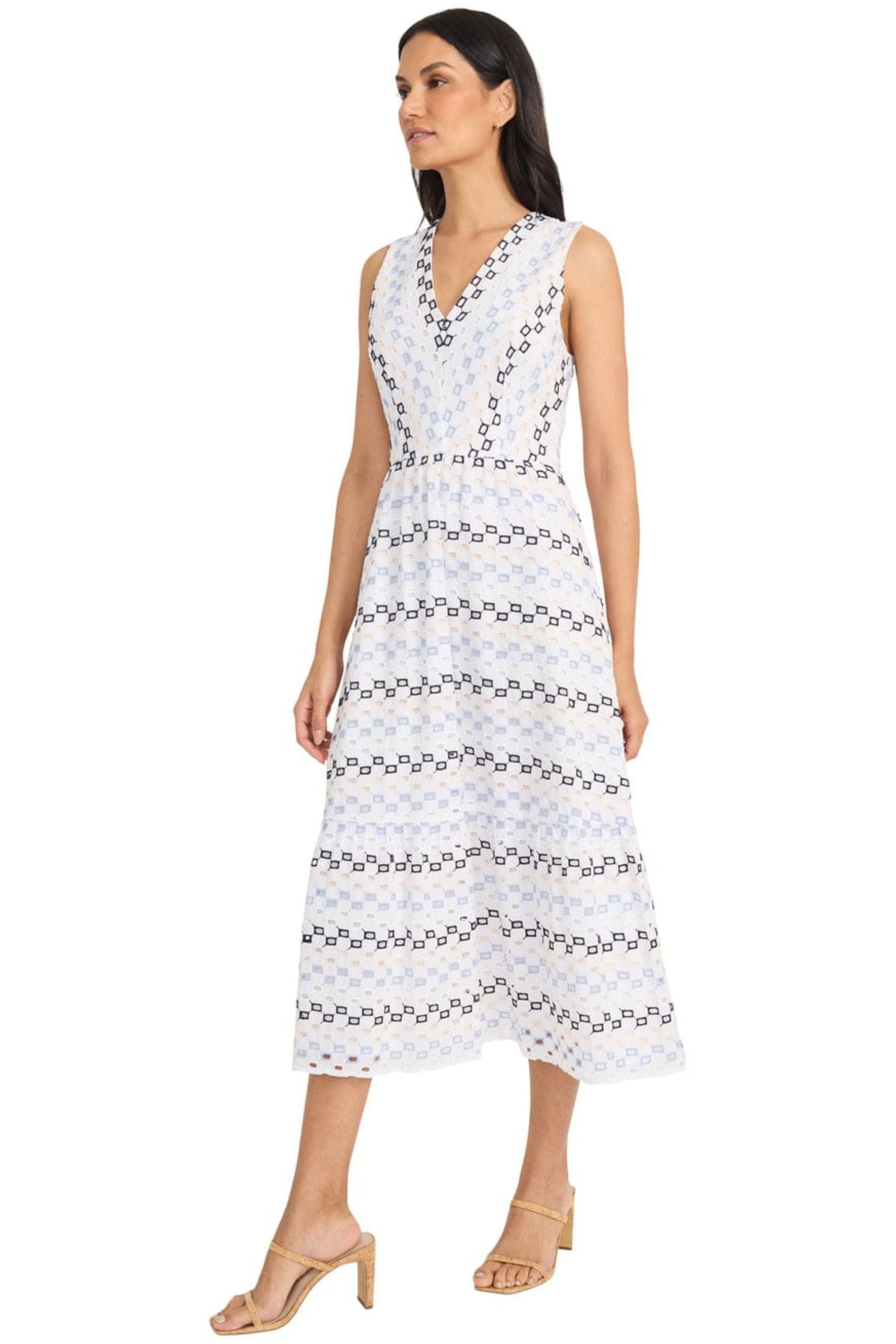 Geometric Eyelet White Blue Black Midi Dress by Maggy London G6421M