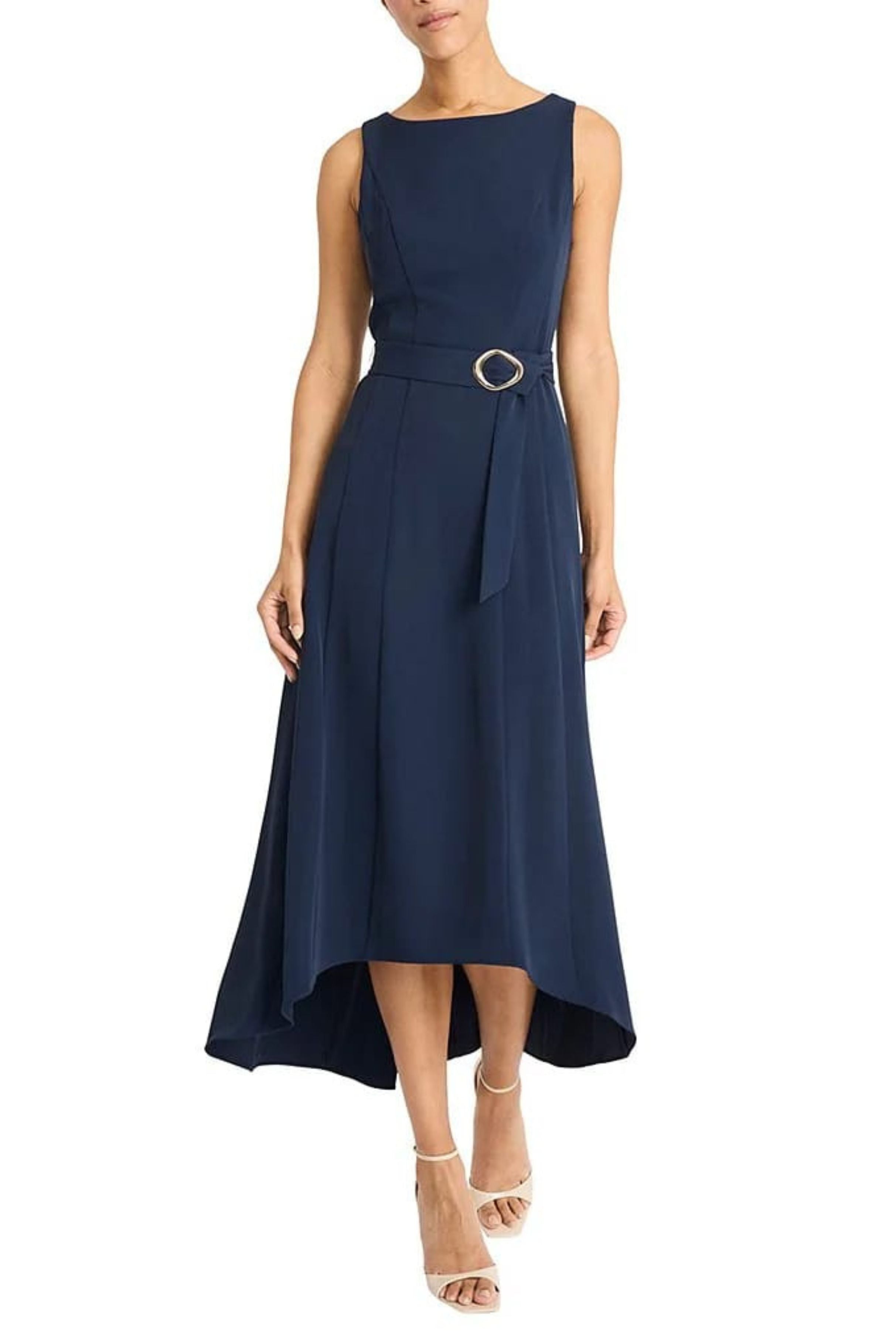 Maggy London Boat Neck Sleeveless Seamed Belted Fluid Crepe High-Low Midi Dress, Womens, 14, Navy Blazer