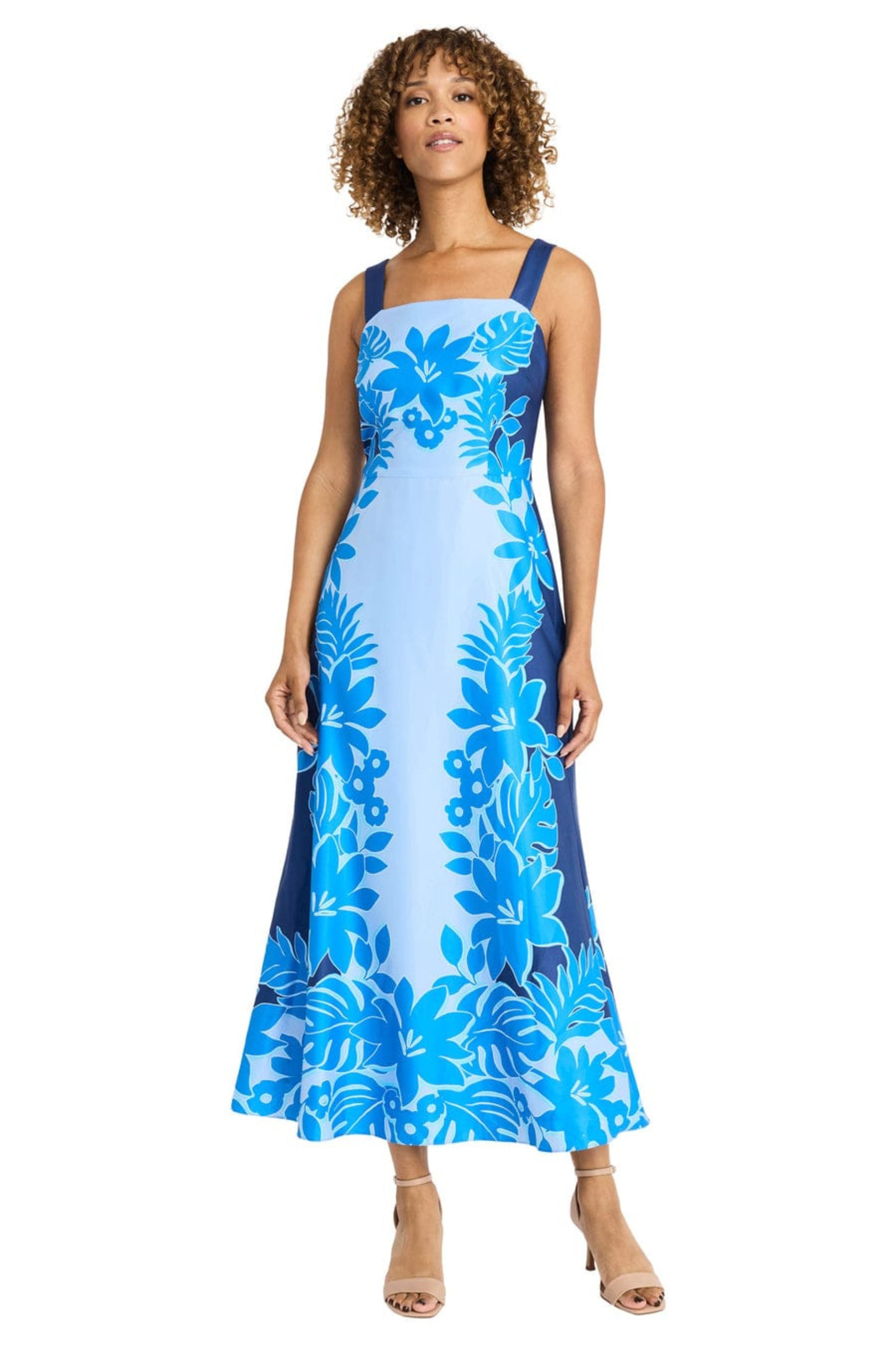 Maggy London G6462M Tropical Floral Navy Blue Sleeveless Floral Print Maxi Dress