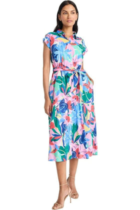 Maggy London G6466M Ivory Pink Tropical Floral Shirt Cap Sleeve Floral Print Dress