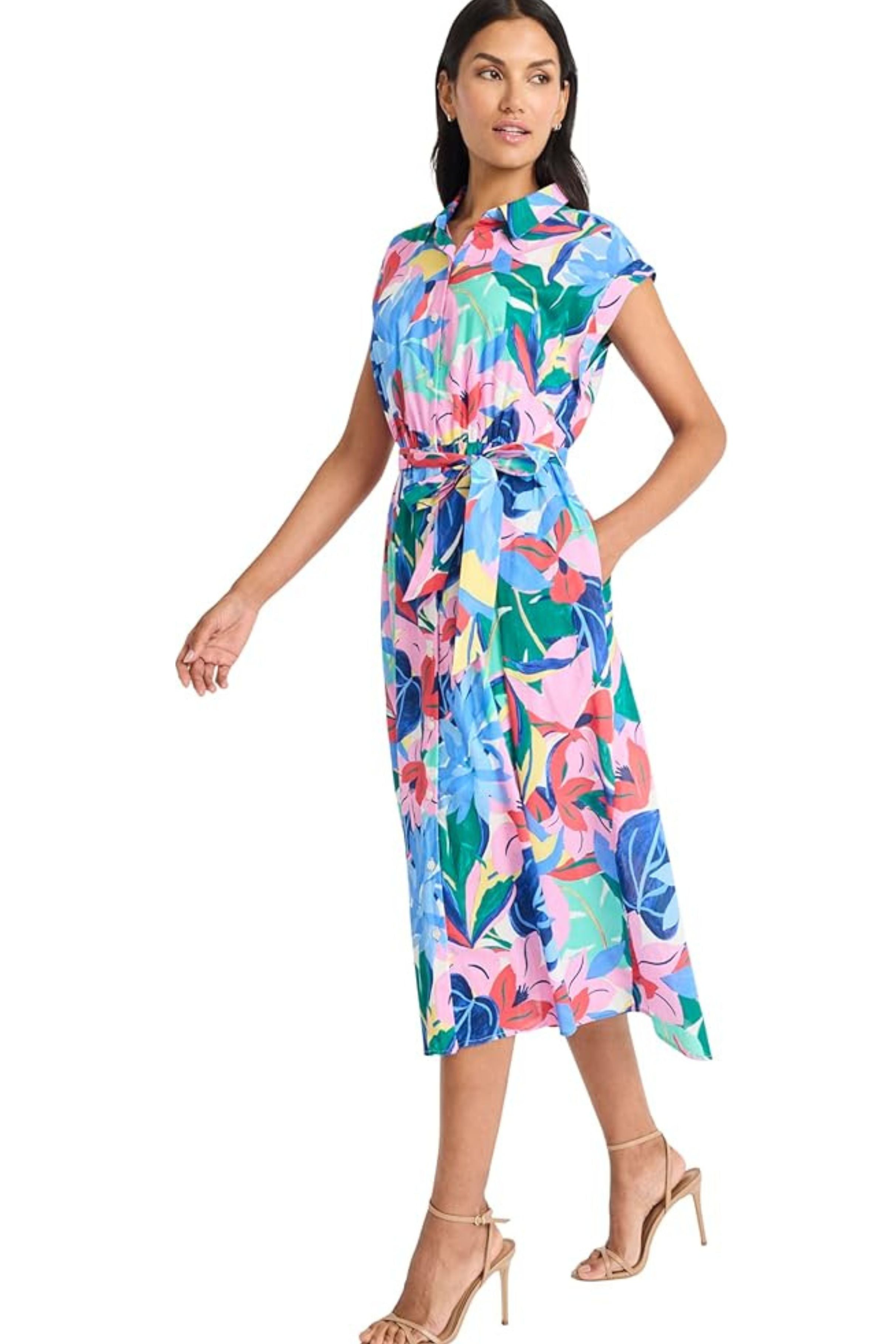 Ivory Pink Tropical Floral Shirt Cap Sleeve Floral Print Dress by Maggy London G6466M