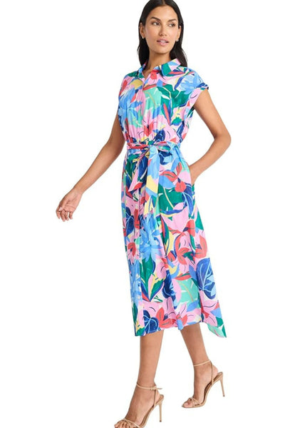 Ivory Pink Tropical Floral Shirt Cap Sleeve Floral Print Dress by Maggy London G6466M