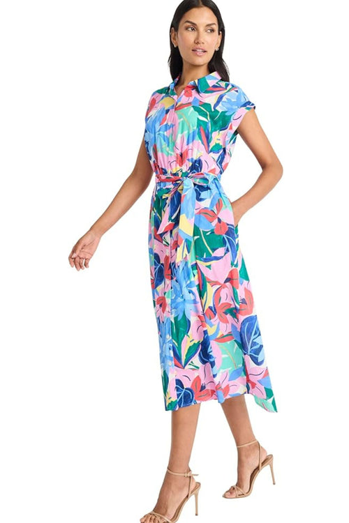 Ivory Pink Tropical Floral Shirt Cap Sleeve Floral Print Dress by Maggy London G6466M