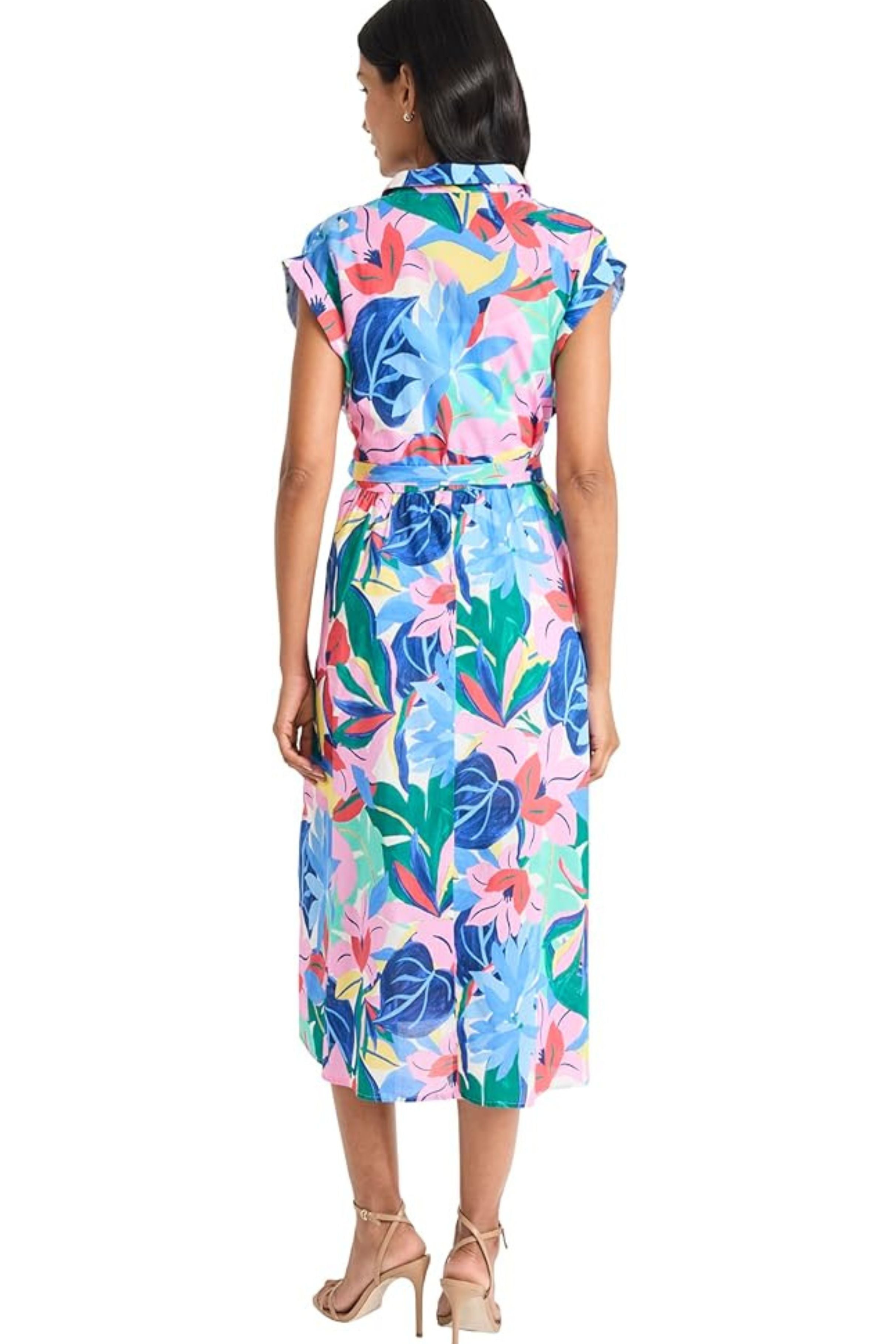 Ivory Pink Tropical Floral Shirt Cap Sleeve Floral Print Dress by Maggy London G6466M