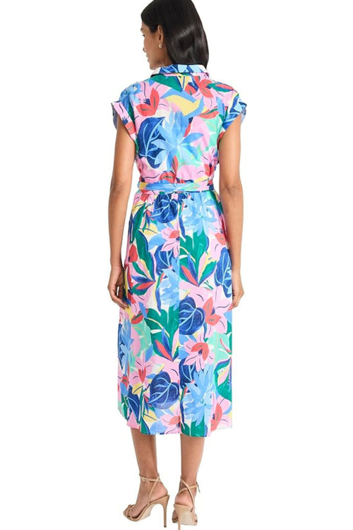 Ivory Pink Tropical Floral Shirt Cap Sleeve Floral Print Dress by Maggy London G6466M