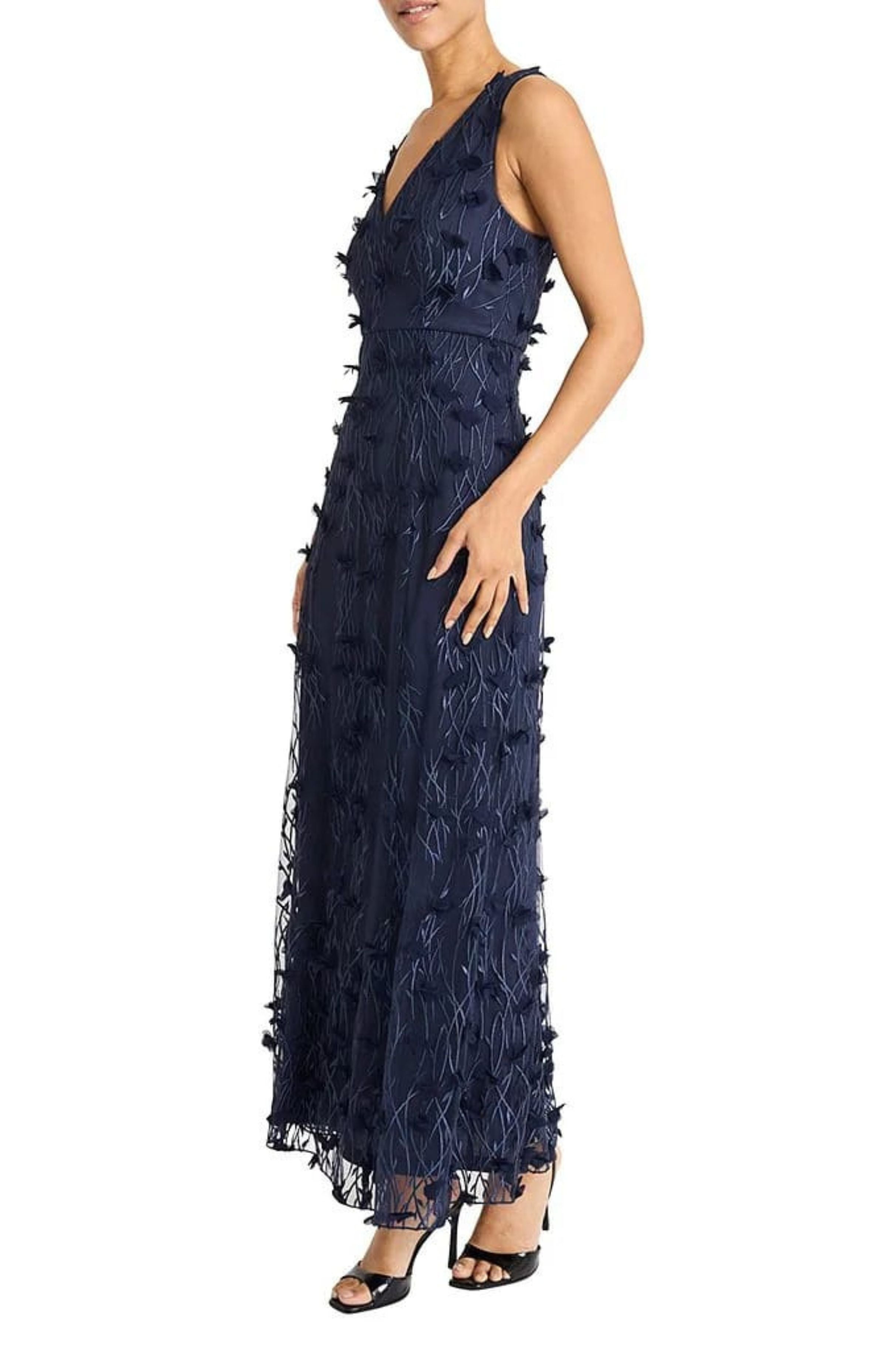 Floral Applique Special Occasion Navy Blazer V-Neck Sleeveless Floral Print Tulle Dress by Maggy London G6489M