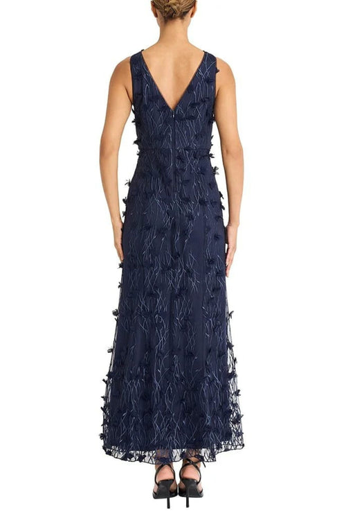 Floral Applique Special Occasion Navy Blazer V-Neck Sleeveless Floral Print Tulle Dress by Maggy London G6489M