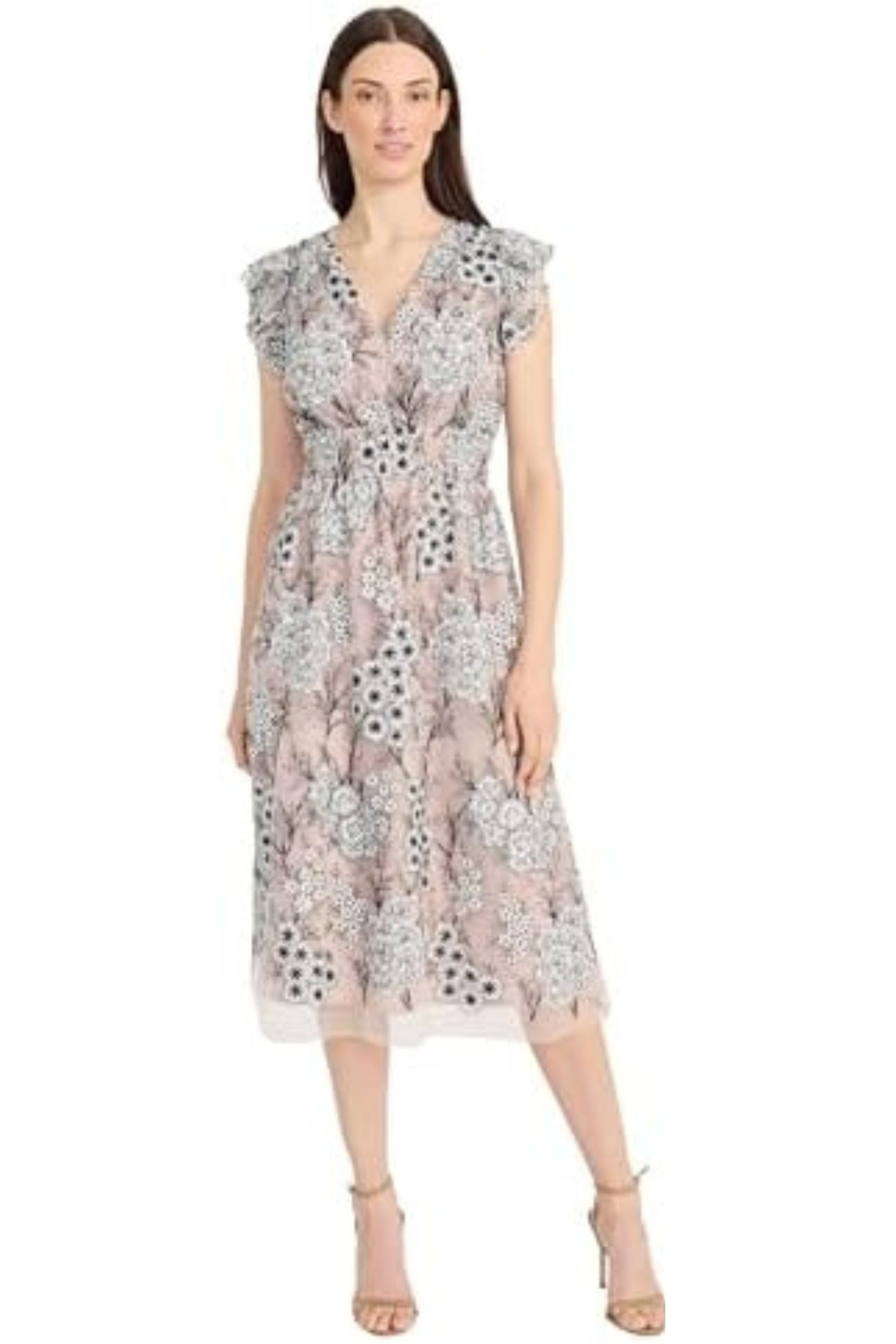 Maggy London Women's V-Neck Floral Mesh Midi Dress - Black/Ivory