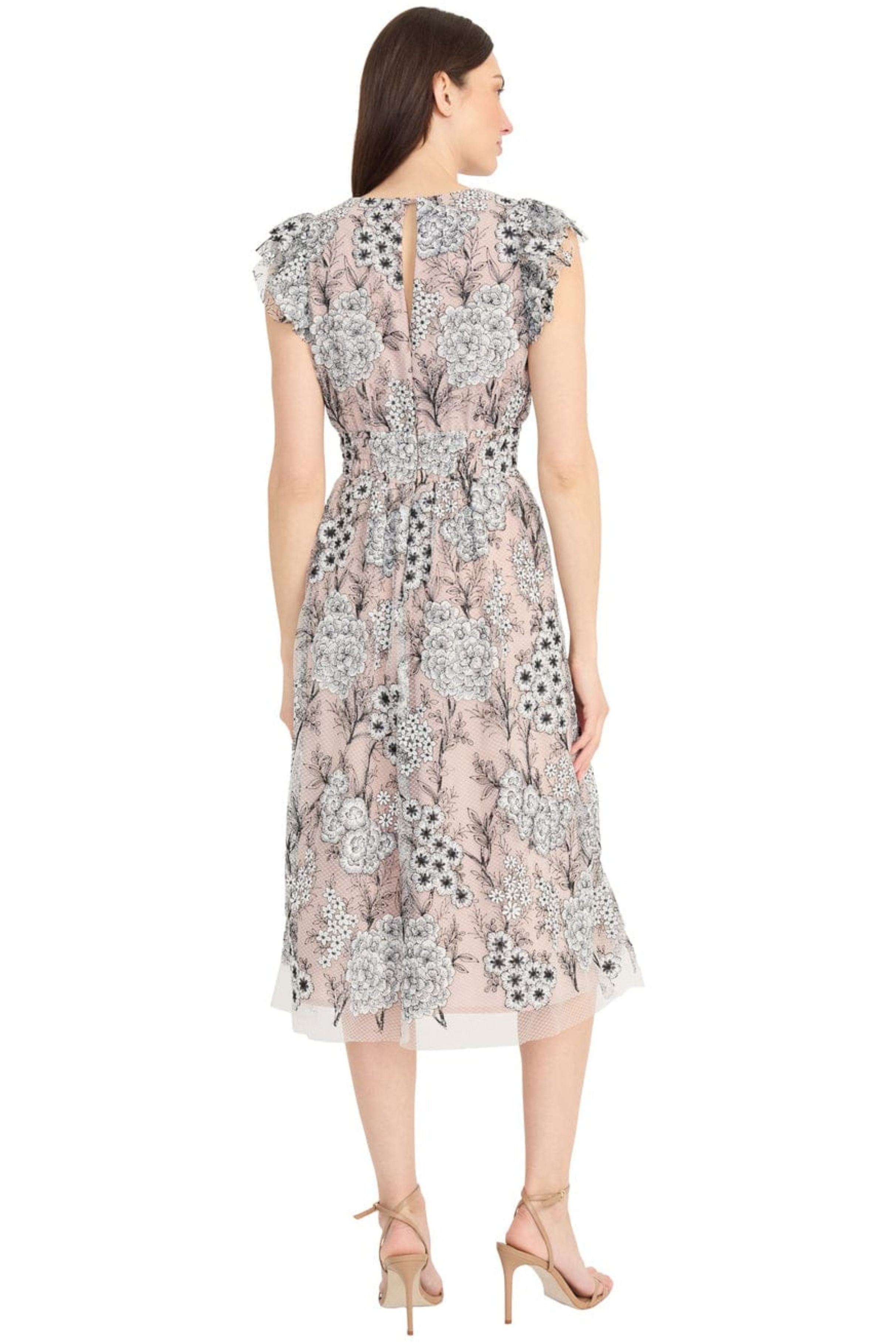Embroidered Floral Mesh Black Ivory V-Neck Short Flutter Sleeve Floral Print Midi Dress by Maggy London G6492M