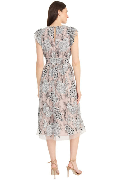 Embroidered Floral Mesh Black Ivory V-Neck Short Flutter Sleeve Floral Print Midi Dress by Maggy London G6492M