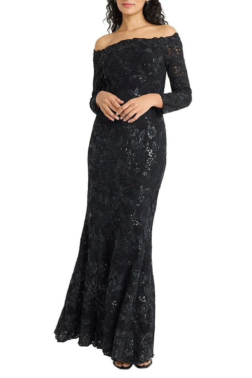 Embroidery Lace Off the Shoulder Black Black Long Sleeve Gown by Maggy London G6748M