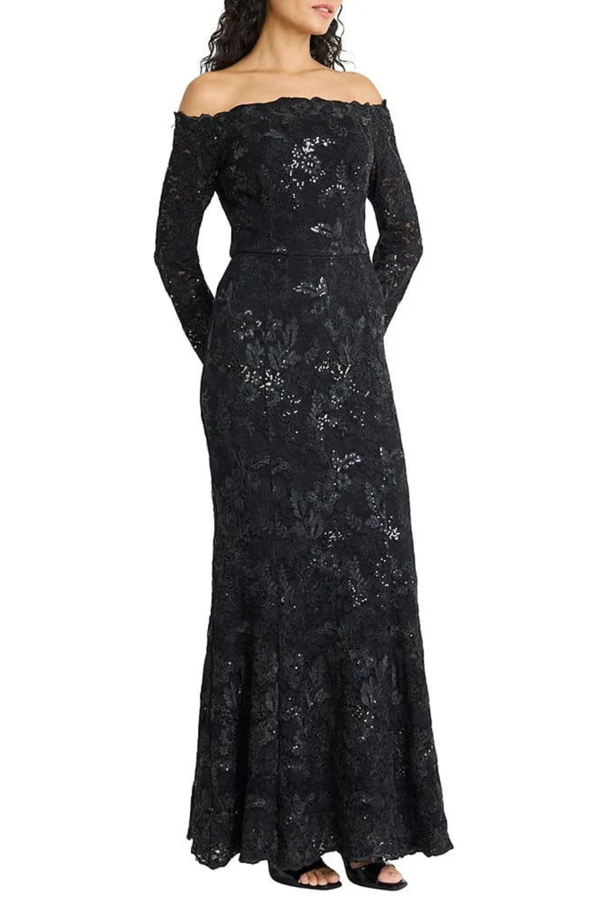Embellished Off the Shoulder Long Sleeve Gown in Black