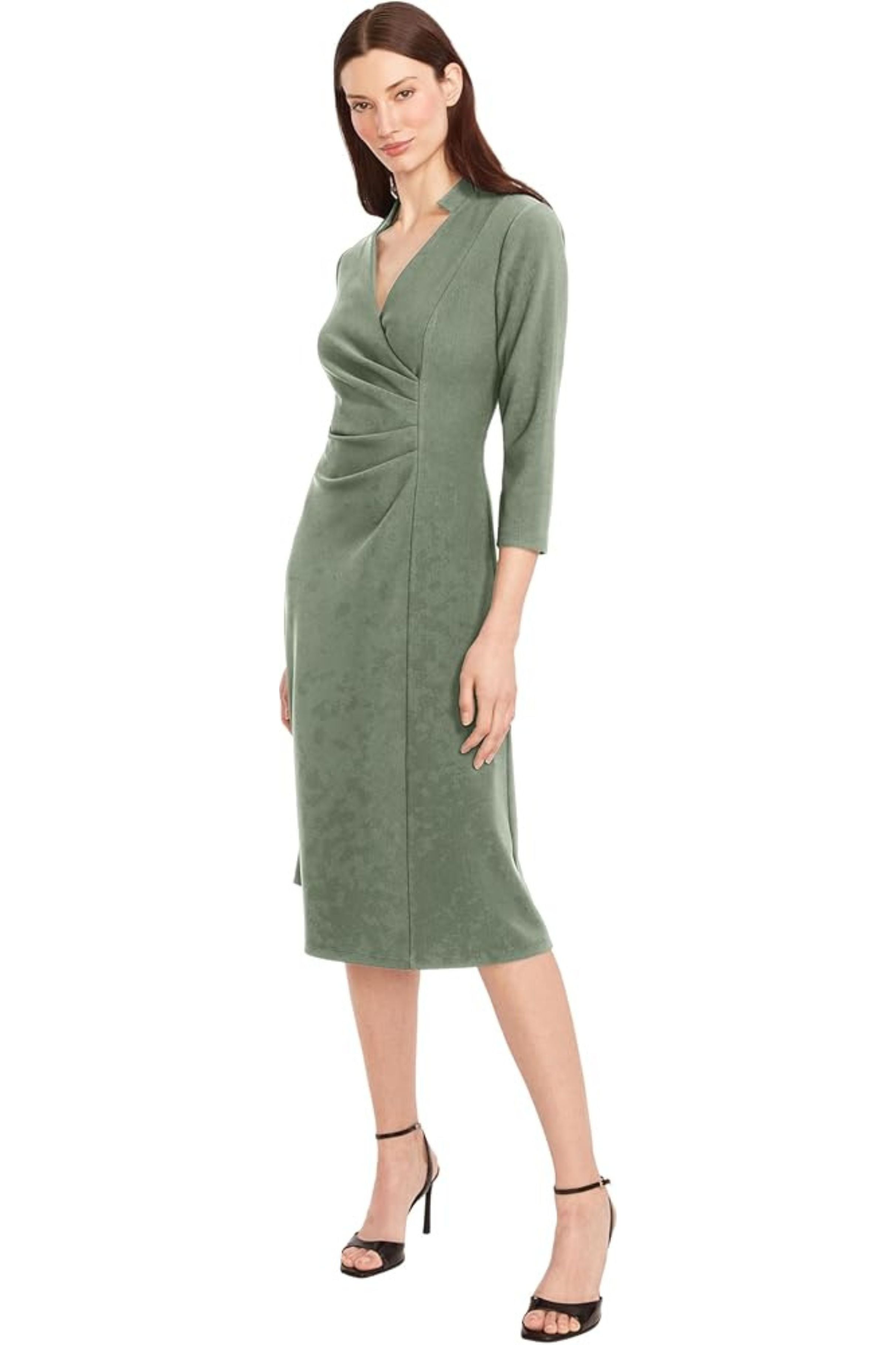 3/4 Sleeve A-Line Thyme V-Neck Pleated Midi Dress by Maggy London G6795M