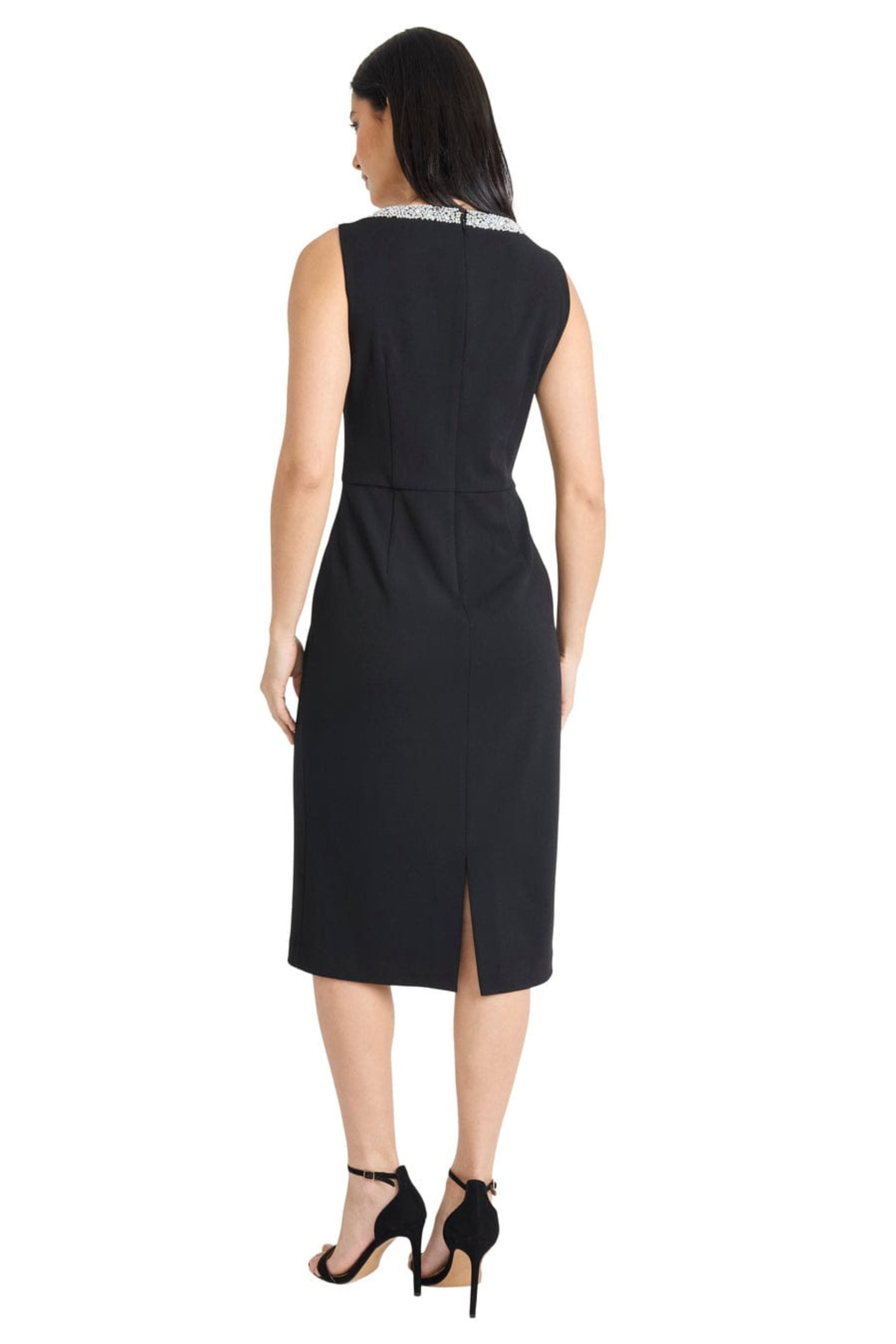 Embellished Neckline Midi Cocktail Black V-Neck Sleeveless Scuba Crepe Dress by Maggy London G6846M