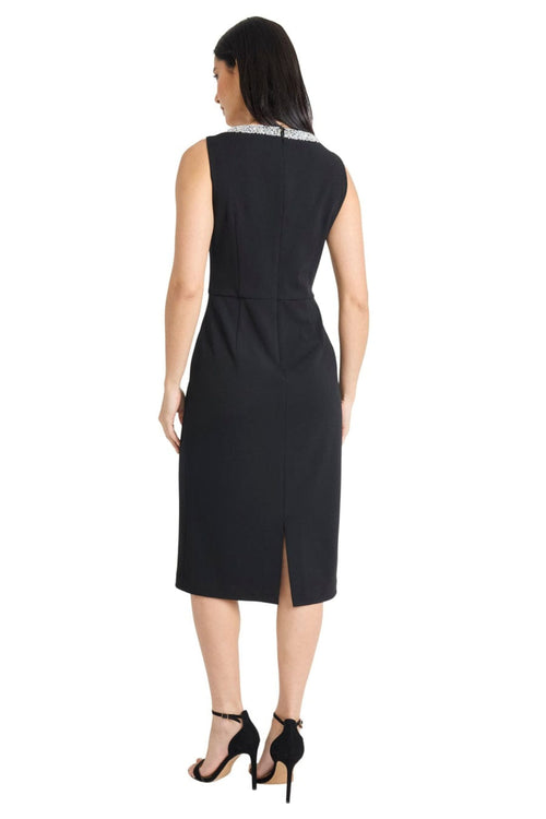 Embellished Neckline Midi Cocktail Black V-Neck Sleeveless Scuba Crepe Dress by Maggy London G6846M