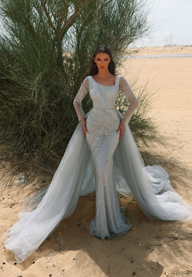 Chic and Holland EW990014 Straight Neckline Long Sleeve Evening Gown