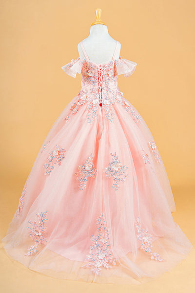 Cold Shoulder Ball Gown Tulle Flower Dress with Floral Appliqué by Elizabeth K GK120