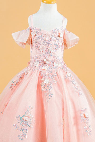 Cold Shoulder Ball Gown Tulle Flower Dress with Floral Appliqué by Elizabeth K GK120
