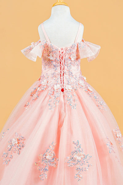 Cold Shoulder Ball Gown Tulle Flower Dress with Floral Appliqué by Elizabeth K GK120