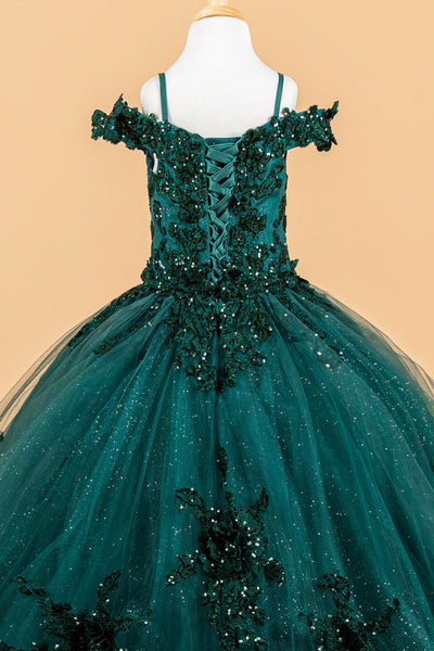 Cold Shoulder Lace Appliqué Sequin Glitter Tulle Flower Dress with Corset Back by Elizabeth K GK121