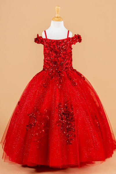 Cold Shoulder Lace Appliqué Sequin Glitter Tulle Flower Dress with Corset Back by Elizabeth K GK121
