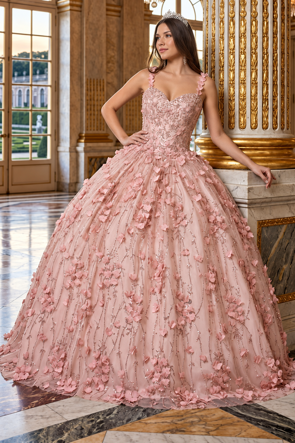 Blush Quinceanera Dress 3D Applique Sleeveless Ball Gown by Elizabeth K GL1959