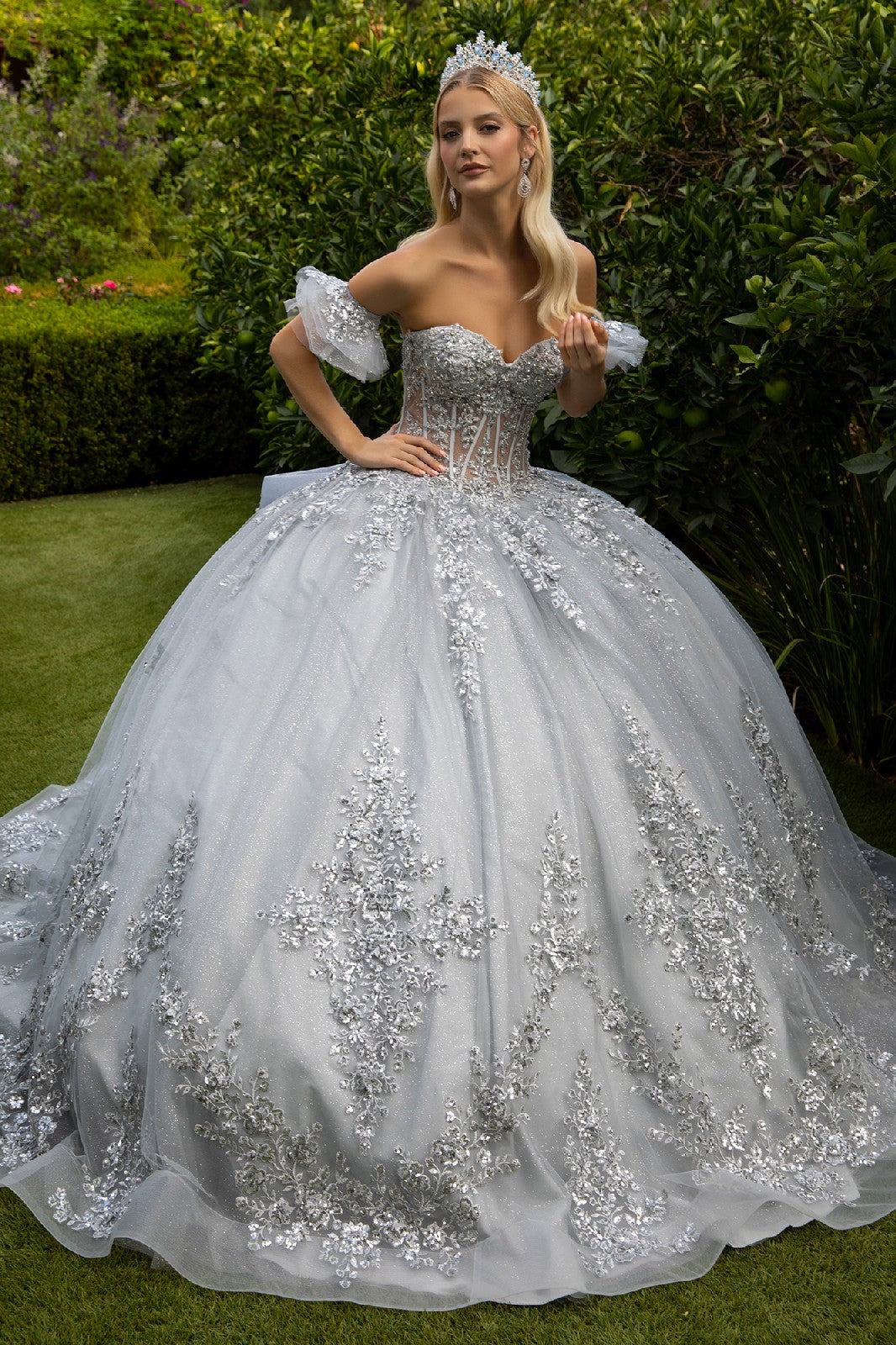 silver beaded bodice dress Elegant Silver Gown With Beaded Bodice And Slit