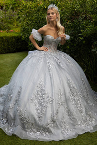 Strapless Ball Gown with Detachable Sleeves Glitter Tulle Corset Dress by Elizabeth K GL3519