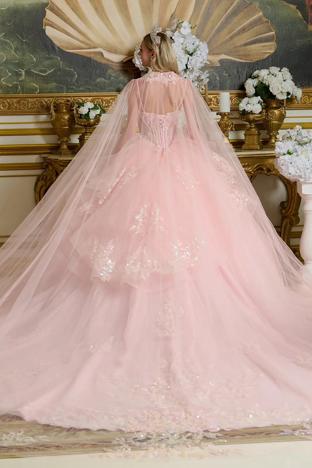 Elizabeth K Sleeveless Cape Ball Gown GL3645