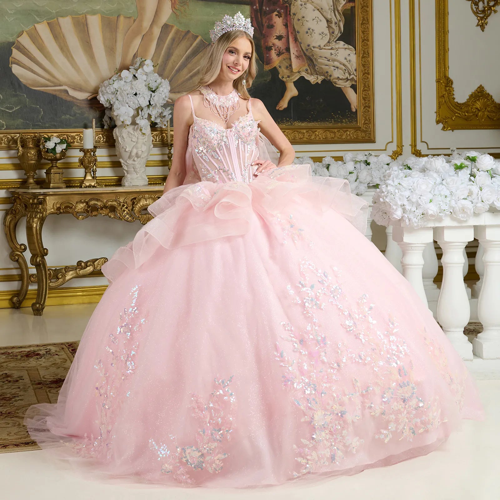 Elizabeth K Sleeveless Cape Ball Gown GL3645