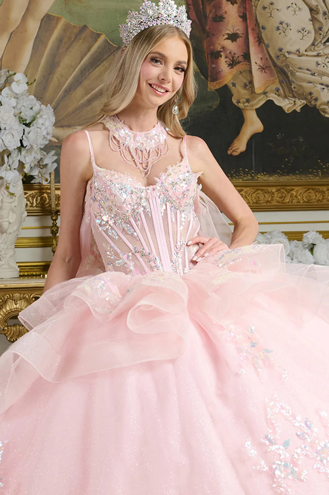 Elizabeth K Sleeveless Cape Ball Gown GL3645