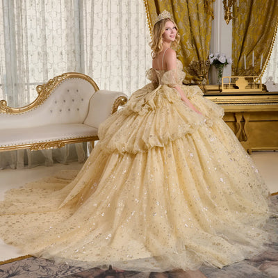 Elizabeth K Glitter Print V-Neck Ball Gown GL3646