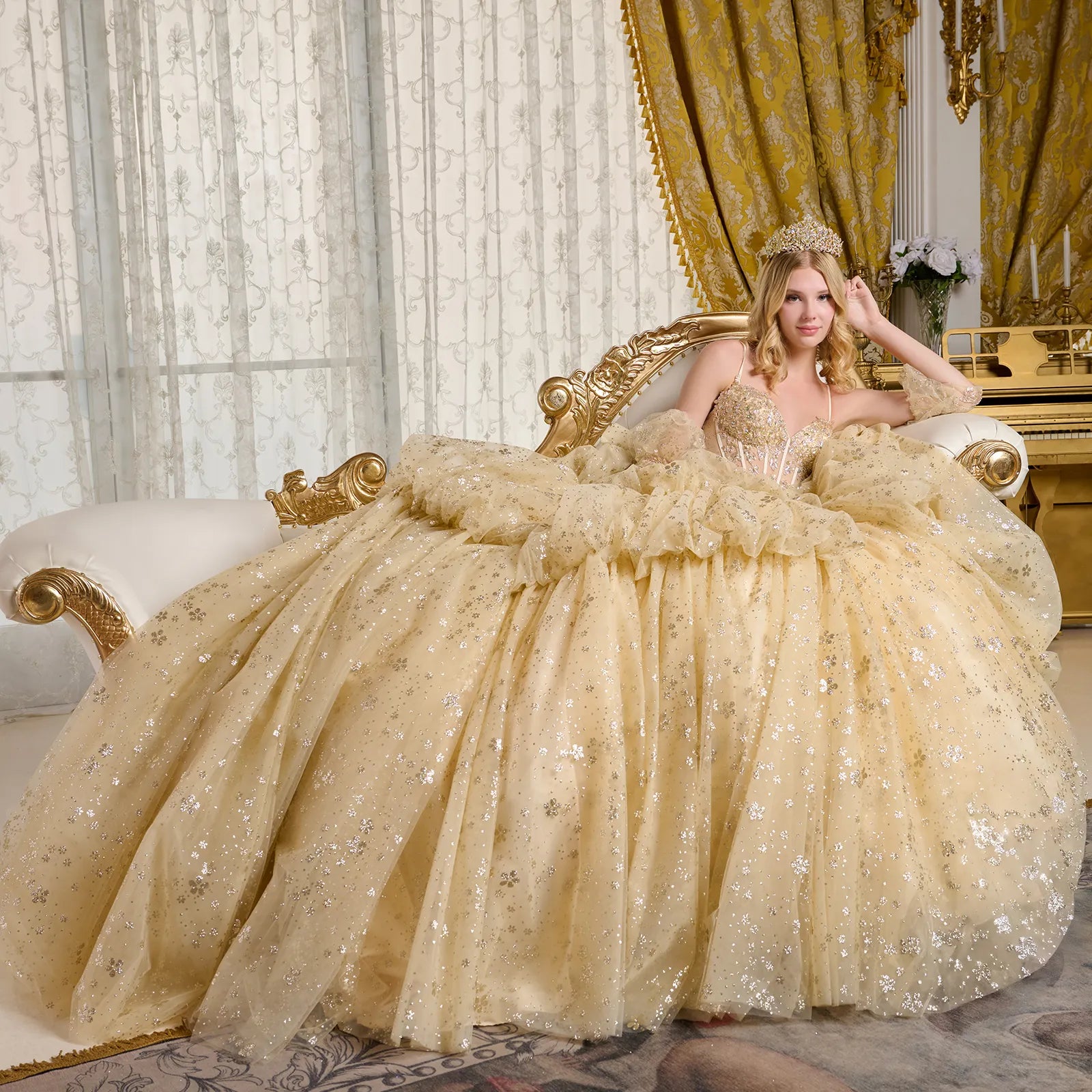 Elizabeth K Glitter Print V-Neck Ball Gown GL3646