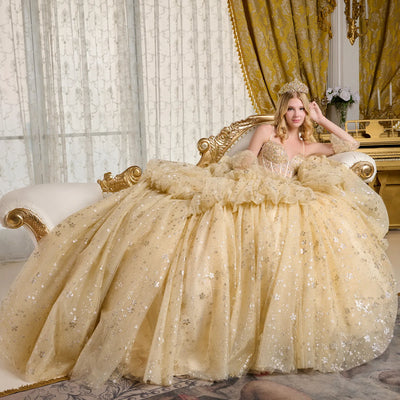 Elizabeth K Glitter Print V-Neck Ball Gown GL3646