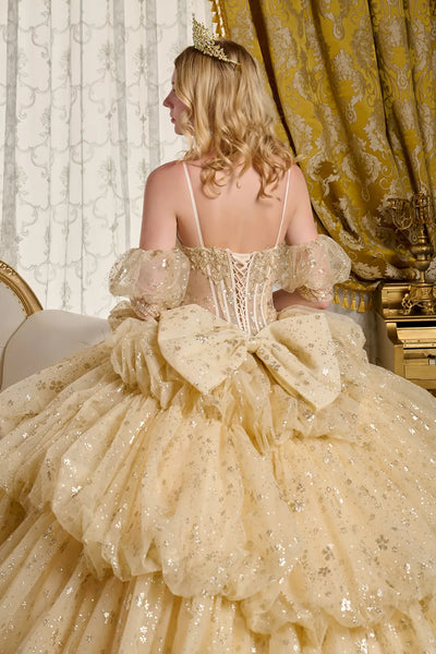 Elizabeth K Glitter Print V-Neck Ball Gown GL3646