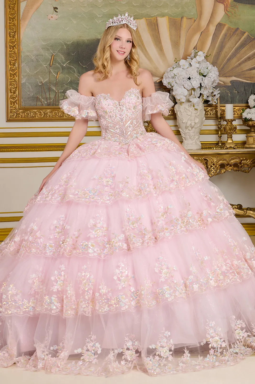 Elizabeth K Off Shoulder Tiered Ball Gown