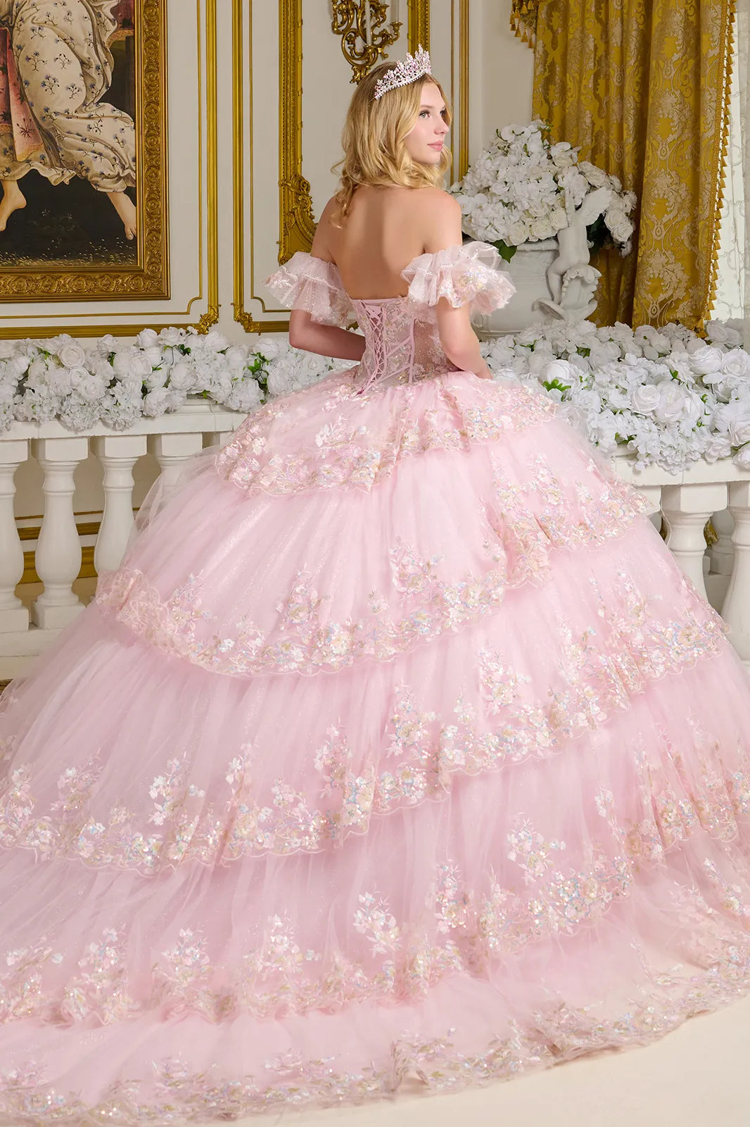 Elizabeth K Off Shoulder Tiered Ball Gown
