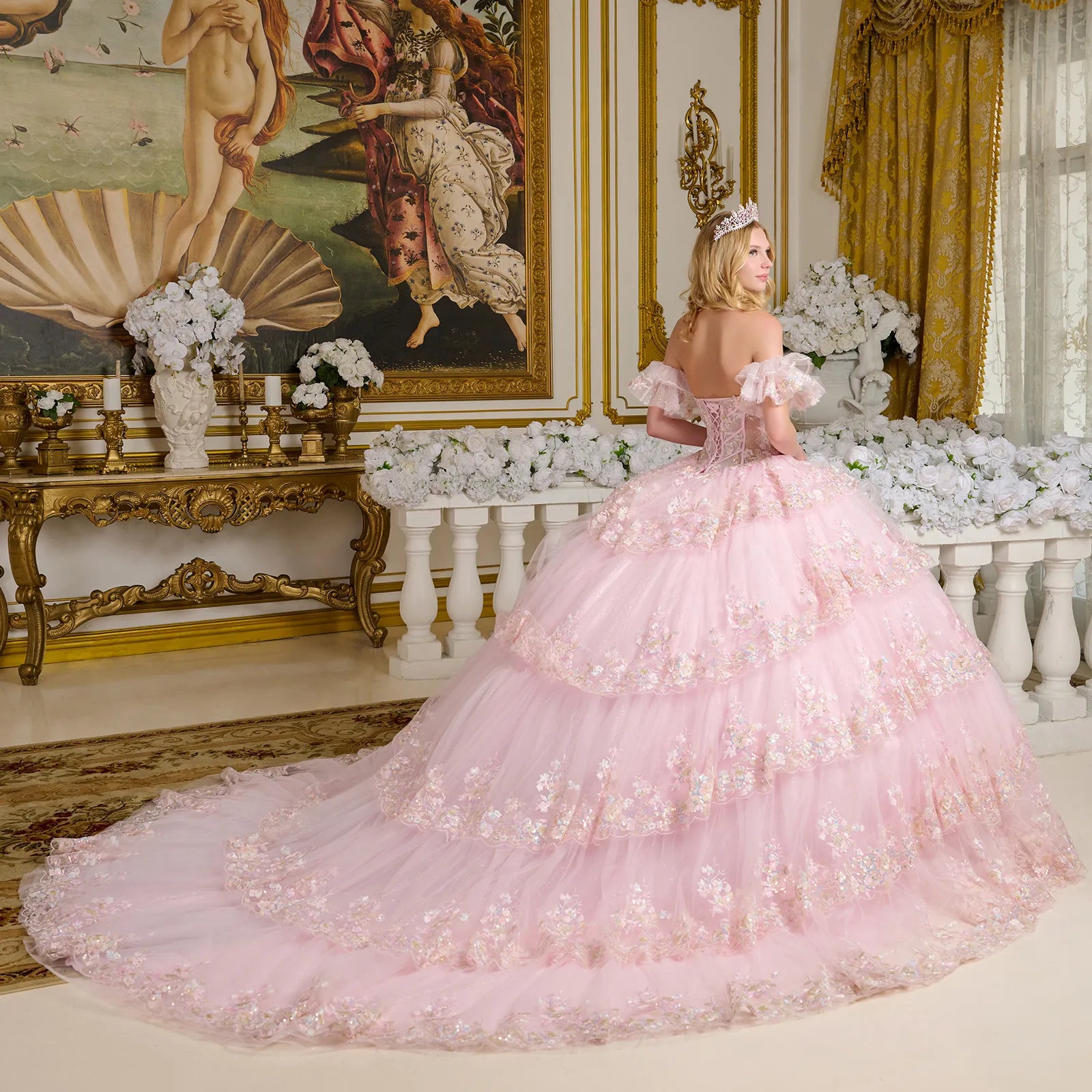 Elizabeth K Off Shoulder Tiered Ball Gown