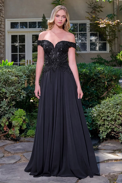 Off The Shoulder V-Neck Jeweled Bodice A-Line Floor-Length Prom Dress by GLS Gloria GL3738