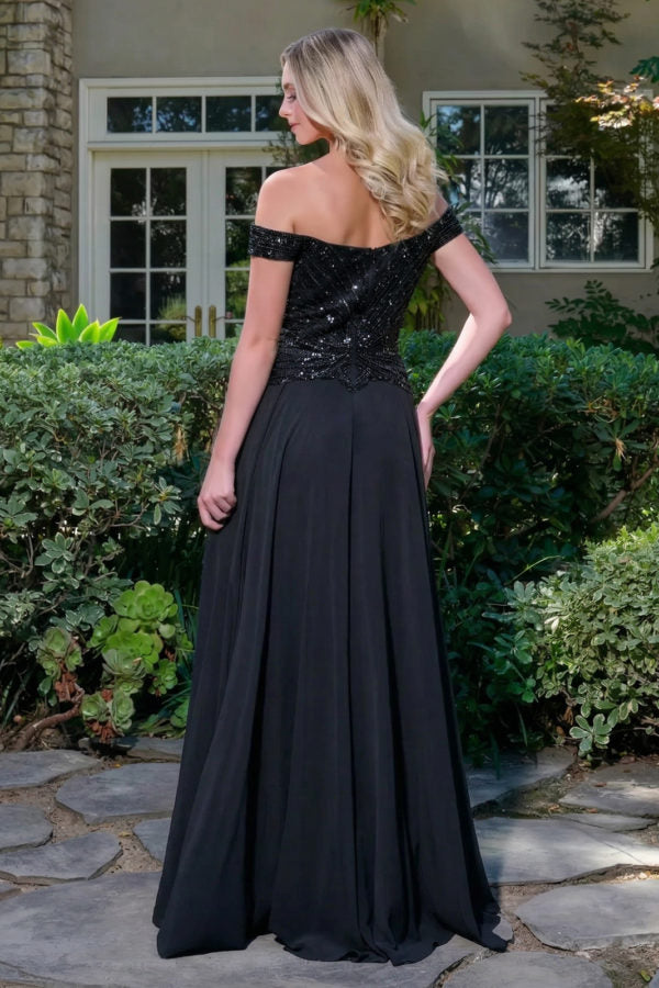 Off The Shoulder V-Neck Jeweled Bodice A-Line Floor-Length Prom Dress by GLS Gloria GL3738