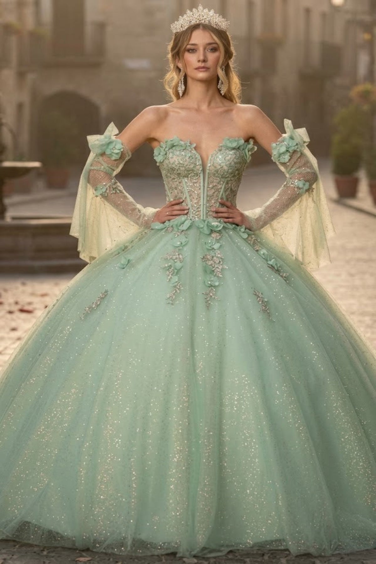 Glitter Quinceanera Dress Bell Sleeve Ball Gown by GLS Gloria GL3486