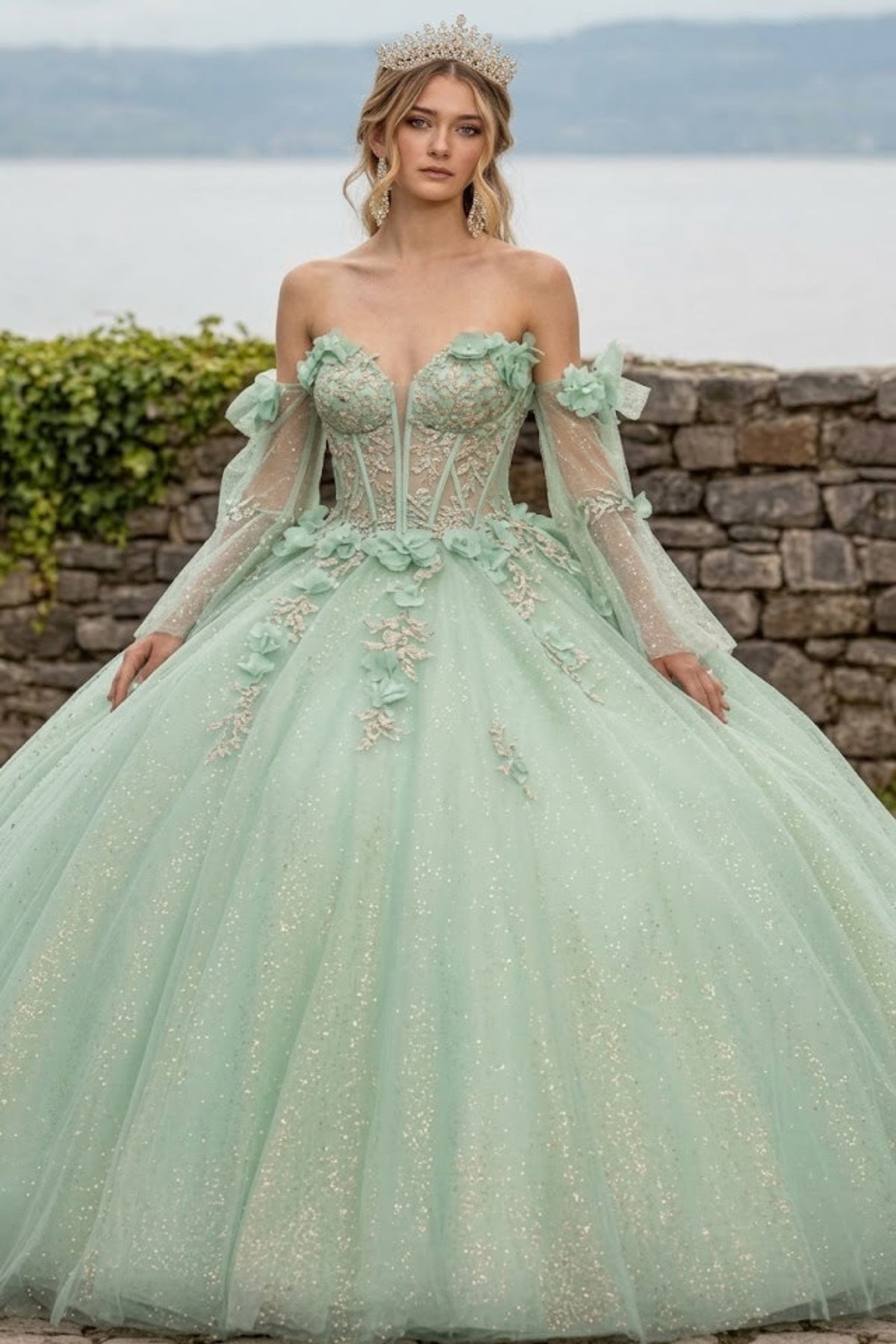 Glitter Quinceanera Dress Bell Sleeve Ball Gown by GLS Gloria GL3486