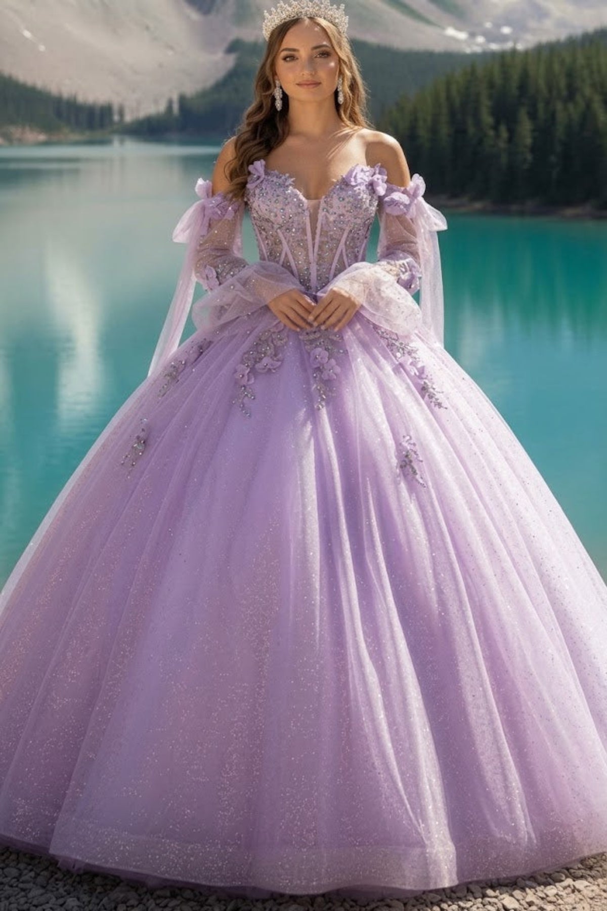 Glitter Quinceanera Dress Bell Sleeve Ball Gown by GLS Gloria GL3486