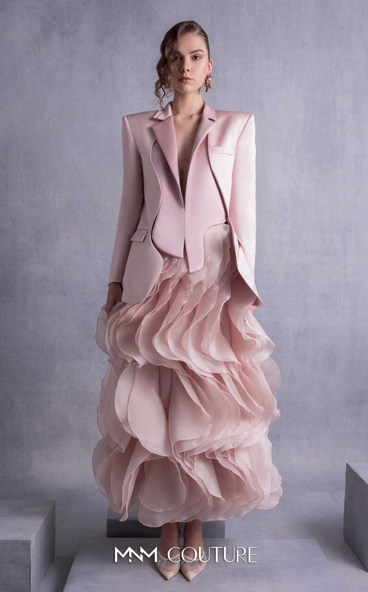 Gaby Charbachi Plunging Blazer Gown with Ruffled High-Low Skirt in Pink